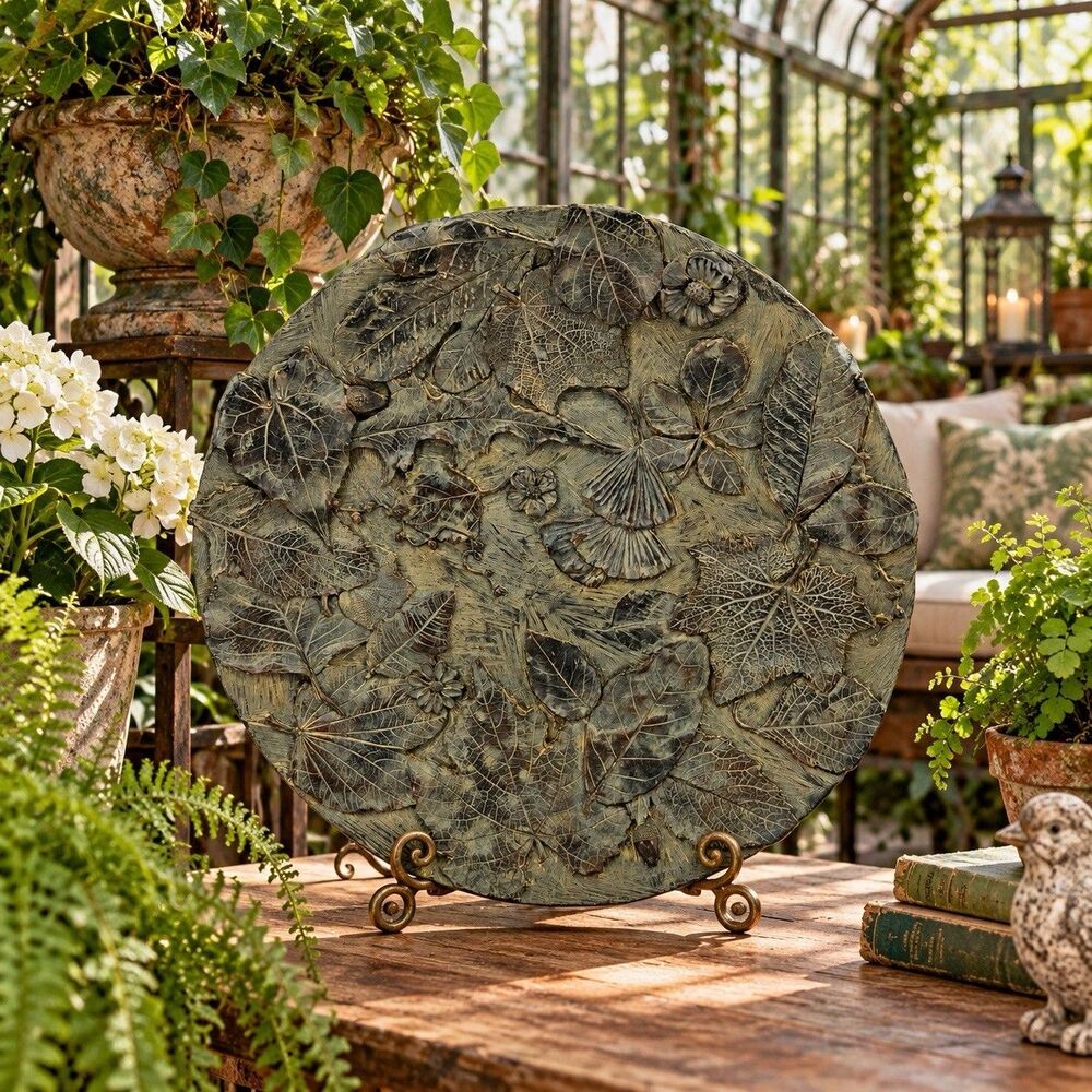 Hen Feathers Botanical Leaf Wall Plate 13" Verdigris Garden Decor